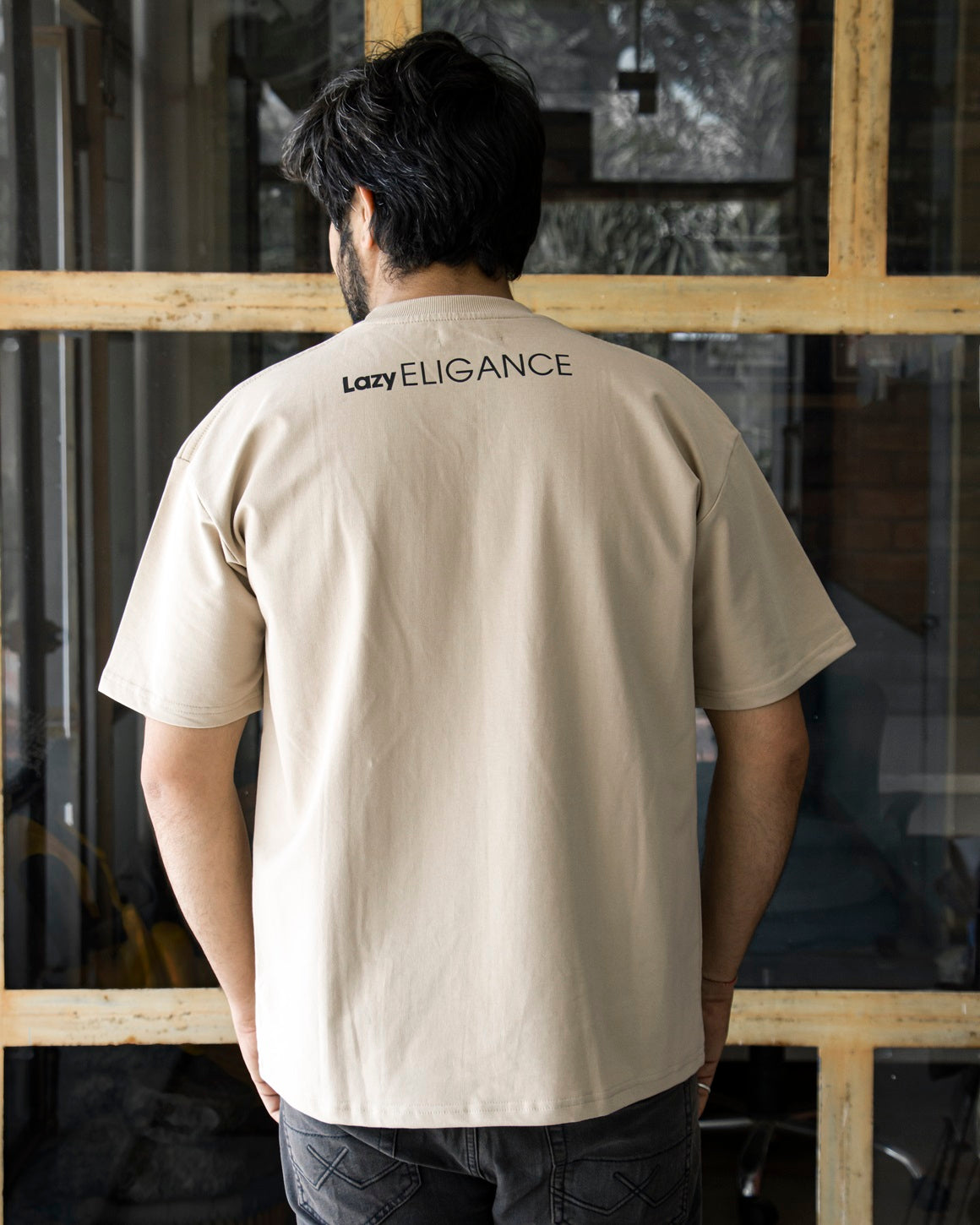 Beige Oversized "Lazy Eligance" Printed Tee