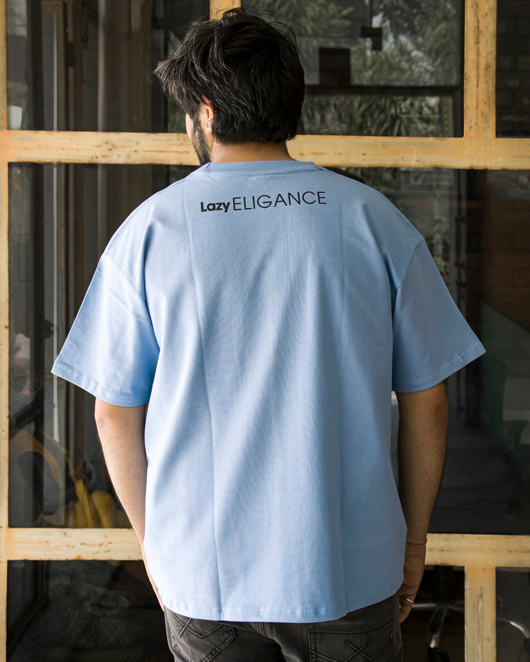 Powder Blue Oversized "Lazy Eligance" Printed Tee: